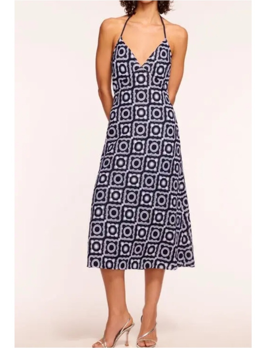 Ramy Brook Rebecca Halter Midi Dress Navy Blue White Crochet Size 6 NWT!